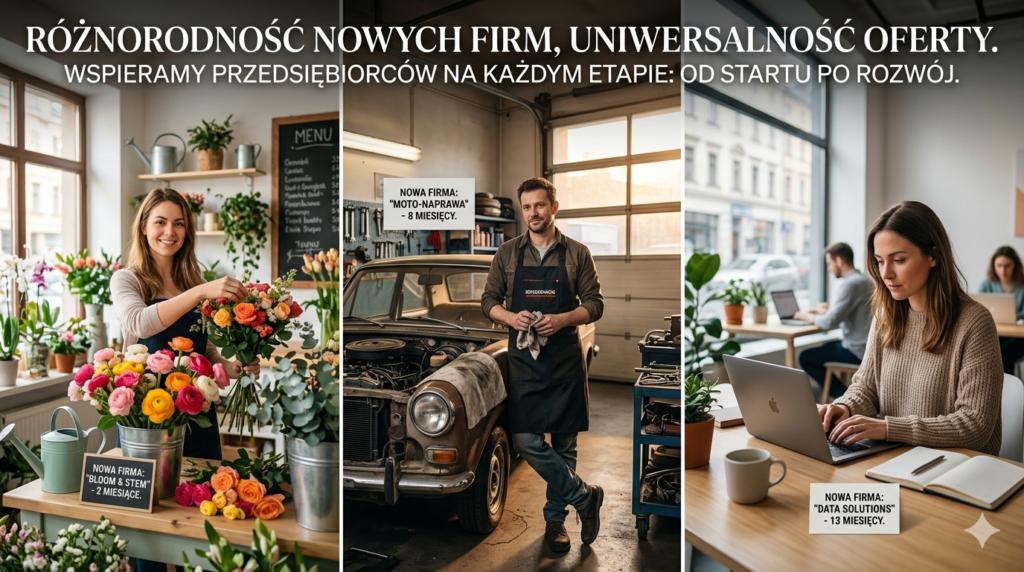 Właściciele nowych firm w różnych branżach – kwiaciarnia, warsztat, coworking – potencjalni klienci pożyczki dla firm